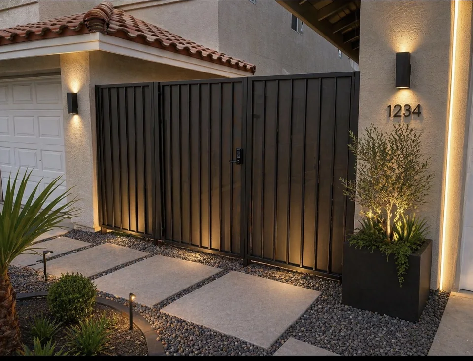 Olson Iron custom courtyard entry gate in Las Vegas — Black scroll-work pedestrian gate with diamond-pattern bottom panel between stucco pillars (902G)
