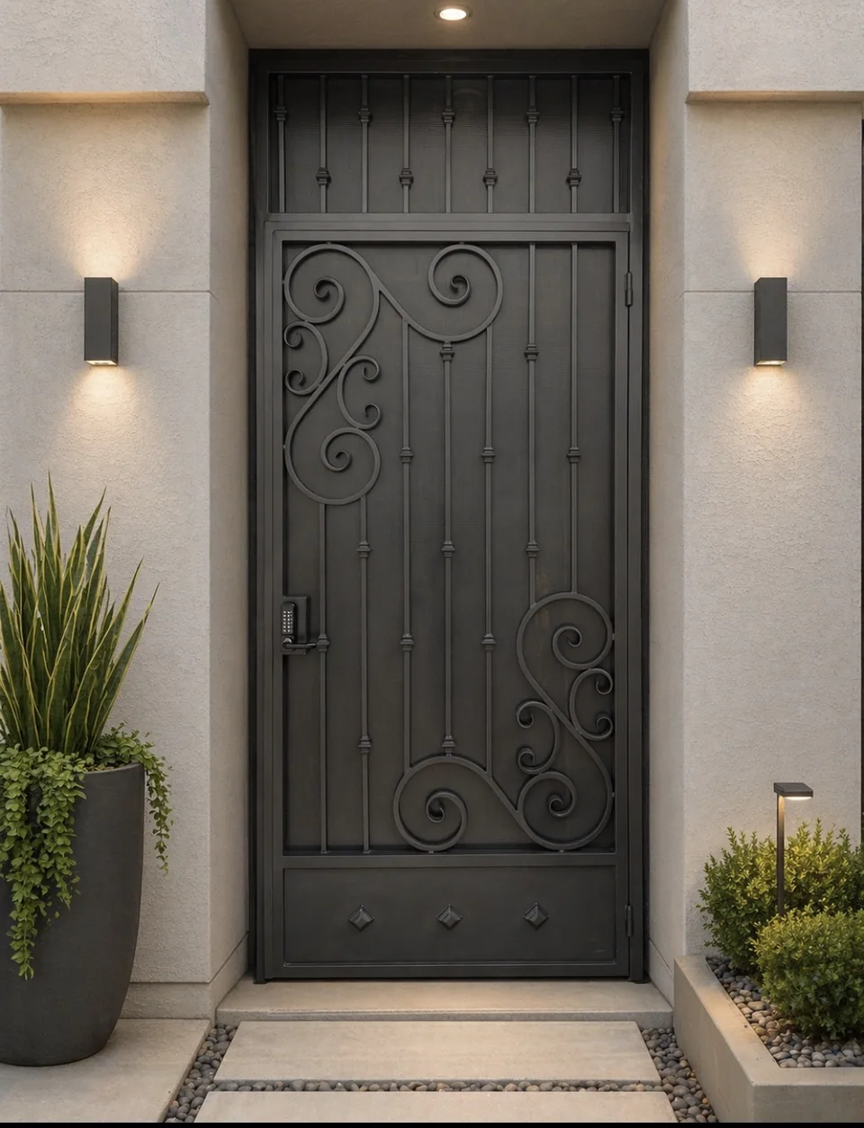 Olson Iron custom courtyard entry gate in Las Vegas — Modern flat-mesh privacy entry gate with side panels and ambient under-lighting (903G)