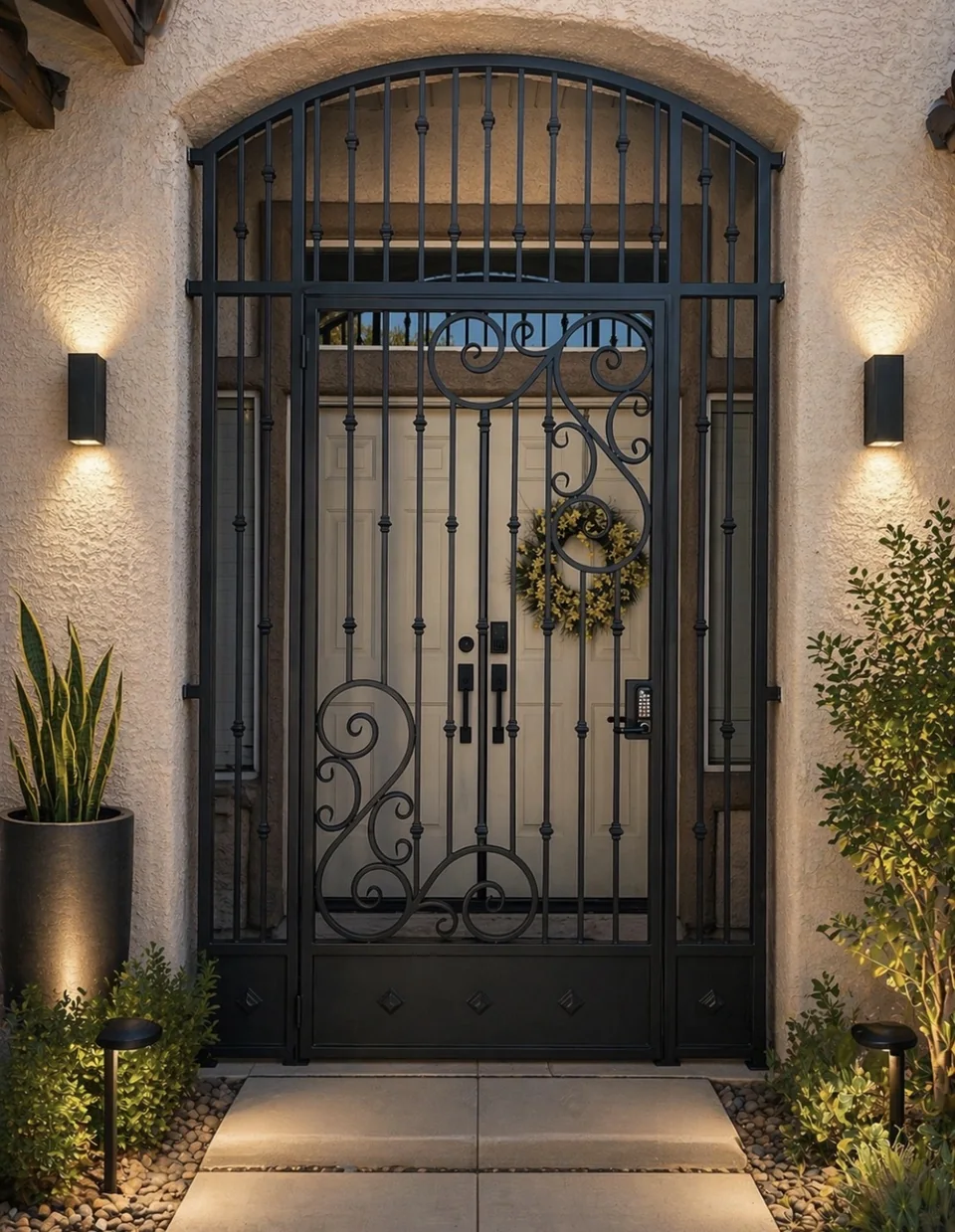 Olson Iron custom courtyard entry gate in Las Vegas — Black scroll iron pedestrian gate at white-stucco arched courtyard with code lock (906G)