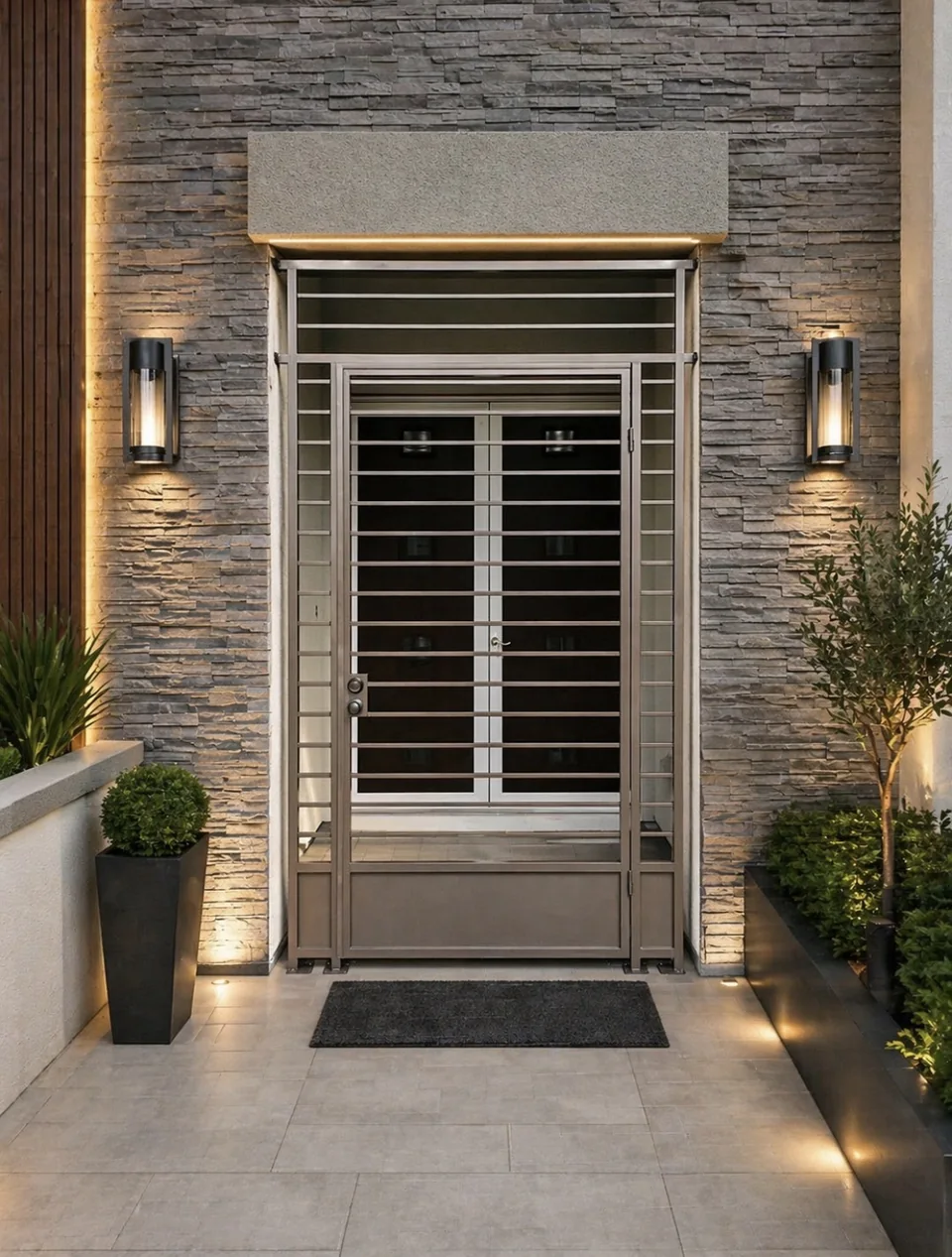 Olson Iron custom courtyard entry gate in Las Vegas — Tall vertical-bar iron entry gate with twist baluster pickets between stucco columns (907G)