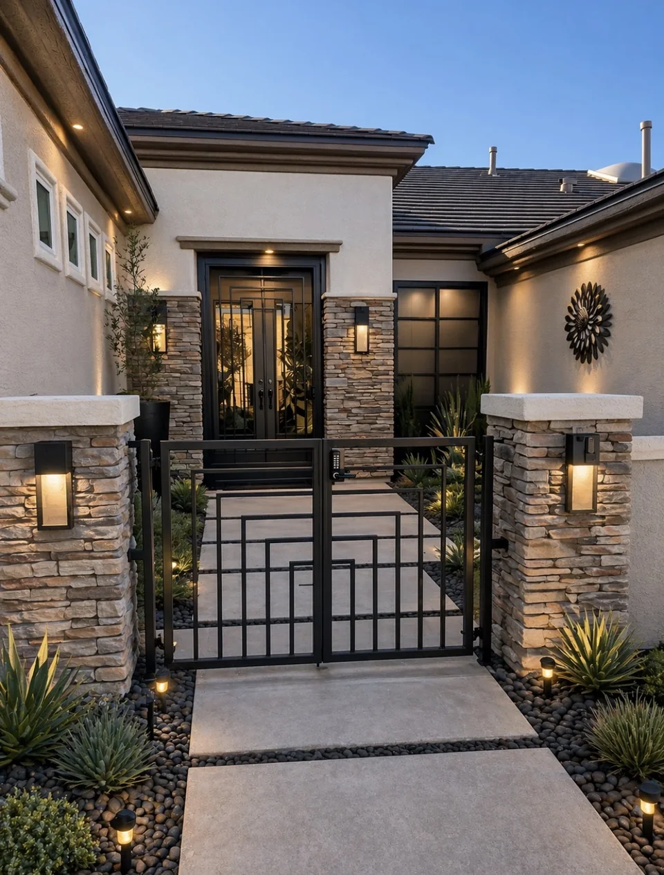 Olson Iron custom courtyard entry gate in Las Vegas — Arched mesh-back entry gate with scroll panel between stone pillars and uplit landscape (910G)