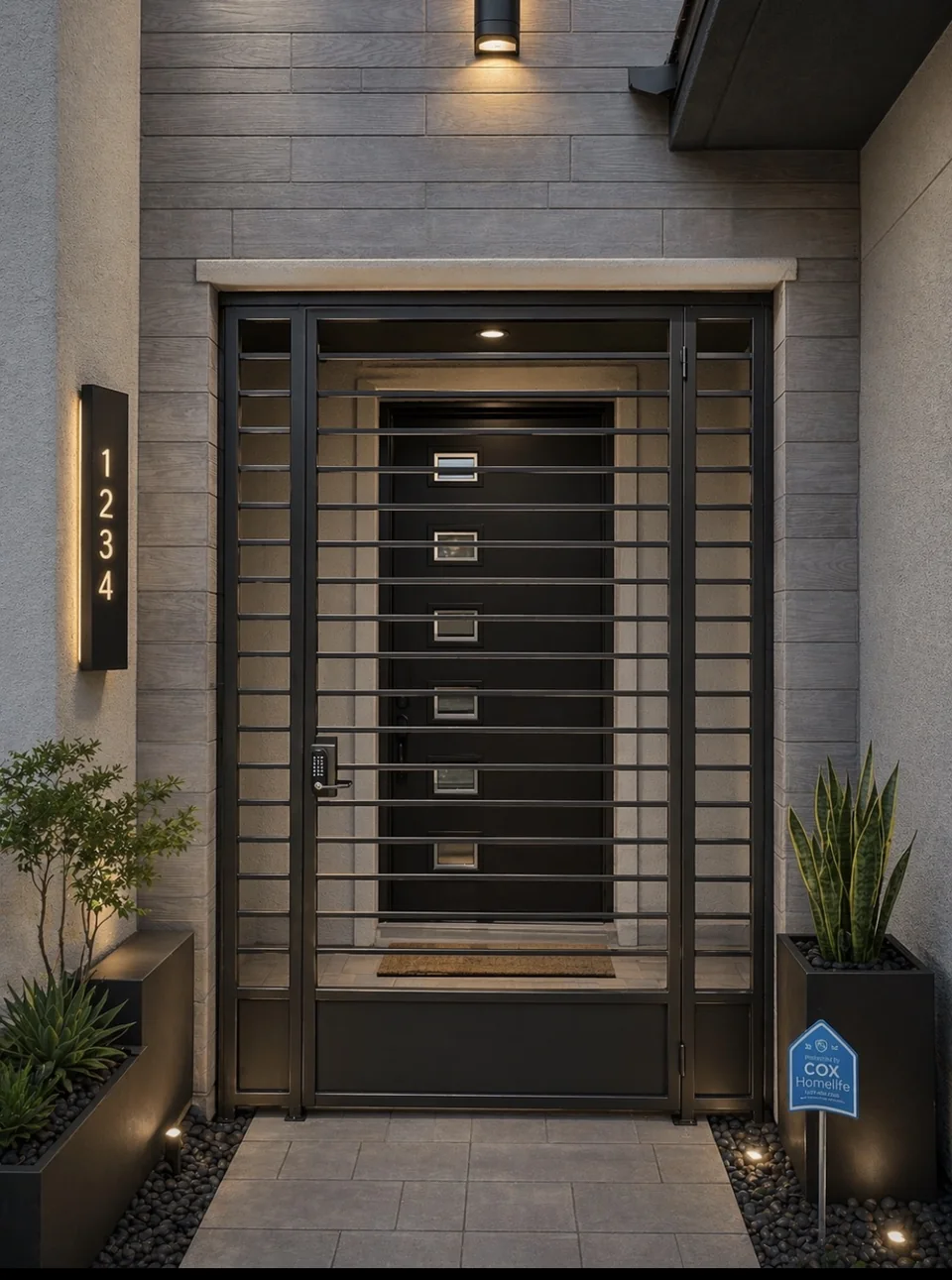 Tall arched modern horizontal-bar courtyard entry gate at stacked-stone pillars with twin sconces and code lock — Olson Iron, Las Vegas