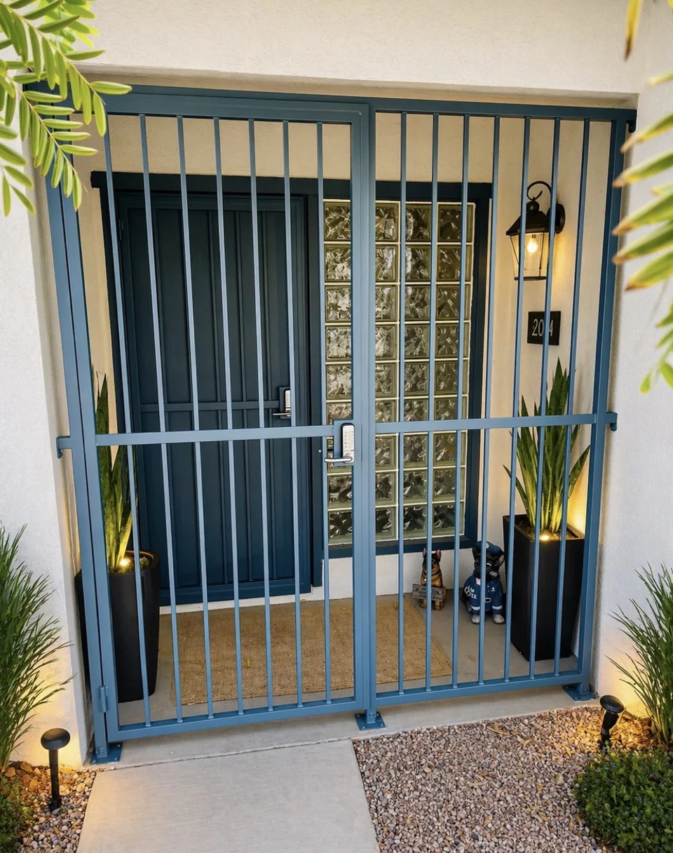 Olson Iron custom courtyard entry gate in Las Vegas — Arched scroll iron entry gate with bottom kick-plate at Tuscan stone courtyard (915G)