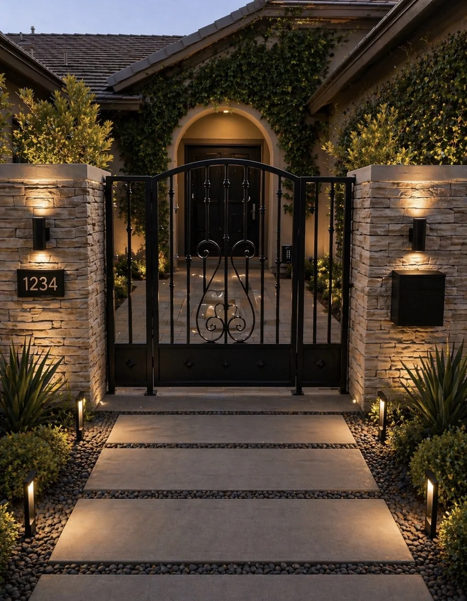 Olson Iron custom courtyard entry gate in Las Vegas — Tall vertical-bar entry gate with center scroll panel between stucco pillars at uplit walkway (916G)