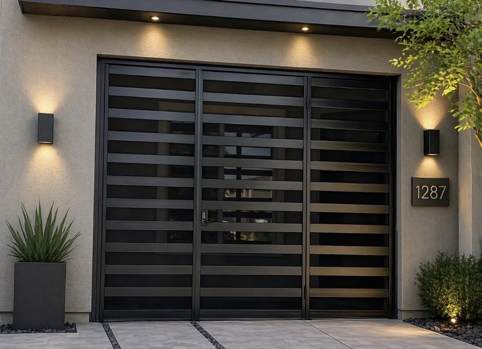 Olson Iron custom courtyard entry gate in Las Vegas — Tall triple-panel black horizontal-bar entry gate with center pedestrian door and twin sconces at modern stucco home (918G)