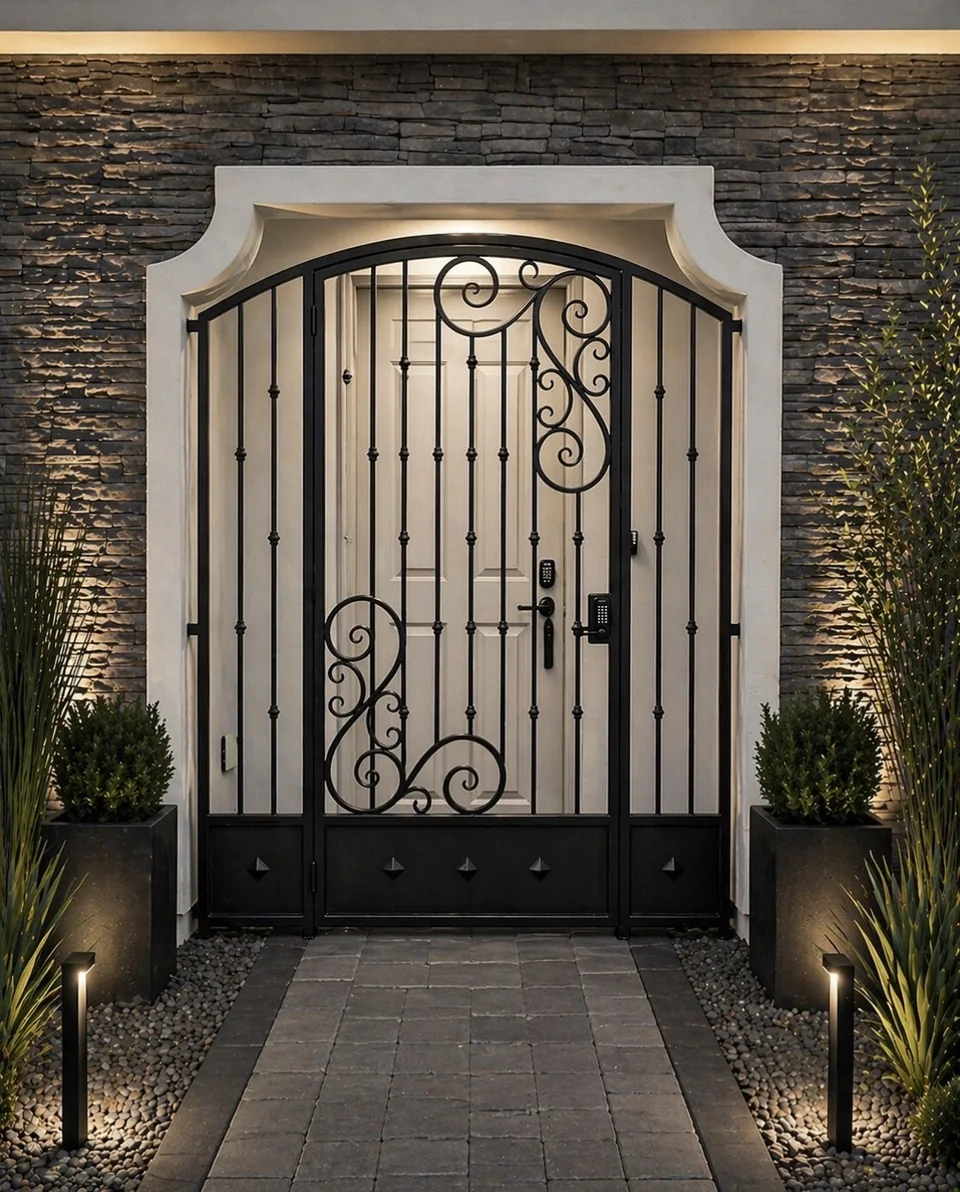 Olson Iron custom courtyard entry gate in Las Vegas — Arched black scroll iron entry gate with twin sconces and diamond-bottom panel at stacked-stone courtyard (919G)