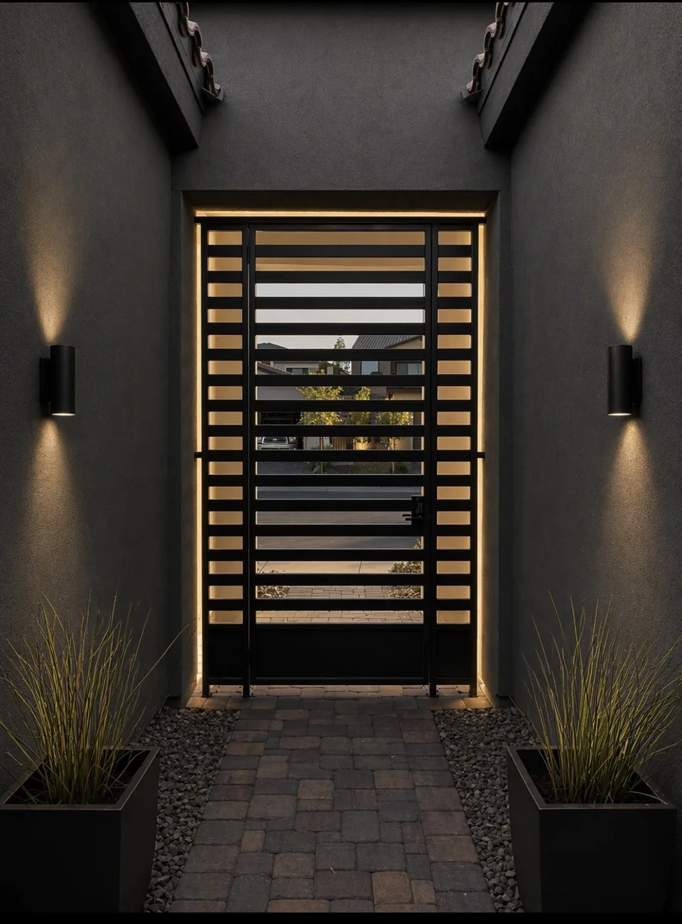 Olson Iron custom courtyard entry gate in Las Vegas — Tall horizontal-slat single black entry gate with under-lighting between dark-stucco walls and grass planters (920G)
