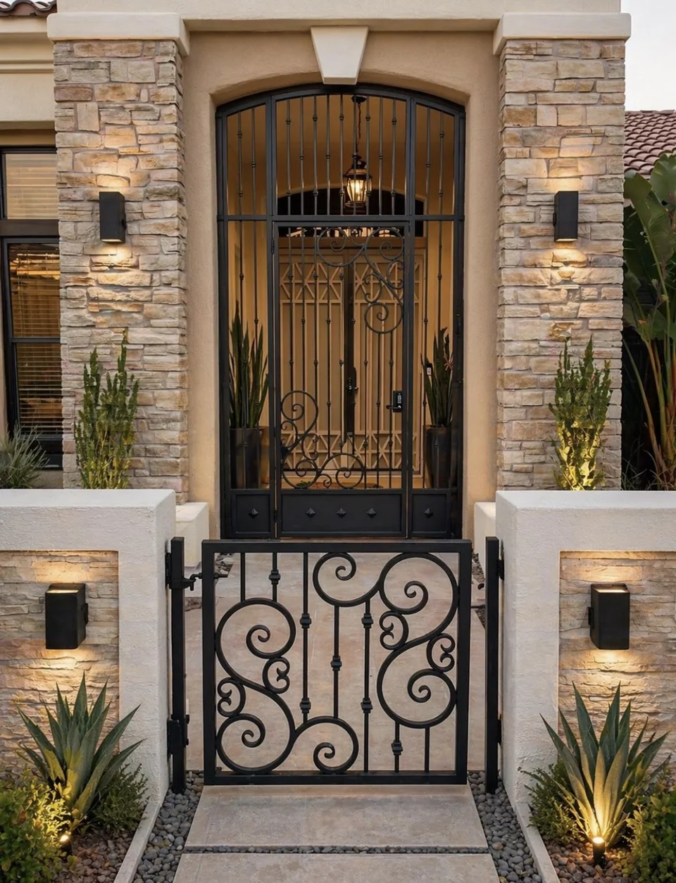 Olson Iron custom courtyard entry gate in Las Vegas — Two-tier scroll iron courtyard entry: tall arched gate over short scroll-iron access gate at stone-pillar Tuscan home (923G)